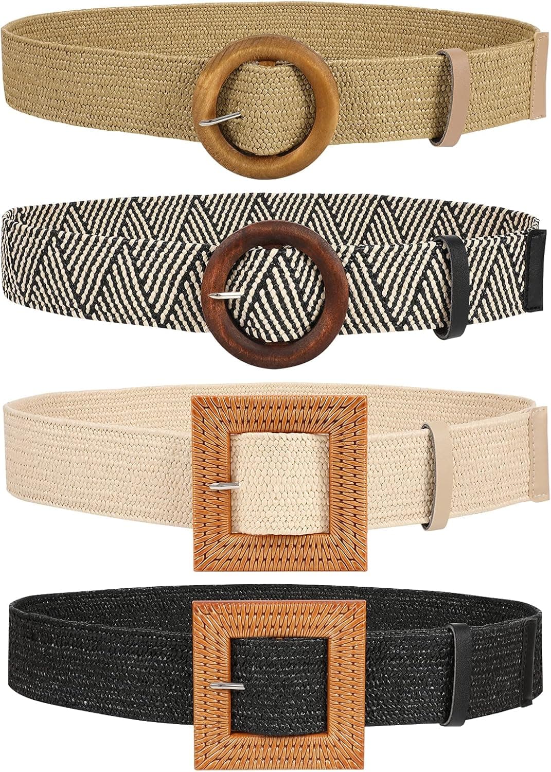 JASGOOD Straw Woven Elastic Stretch Belts Women, Wide Boho Braided Dress Belts with Wooden Style Buckle
