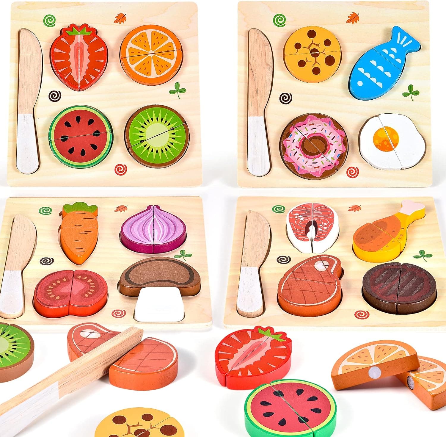 Atoylink Wooden Cutting Play Food for Kids Toddlers Peg Puzzles Cutting Fruits Vegetables Set Kitchen Toys Preschool Educational Learning Toys for Girls Boys Gift