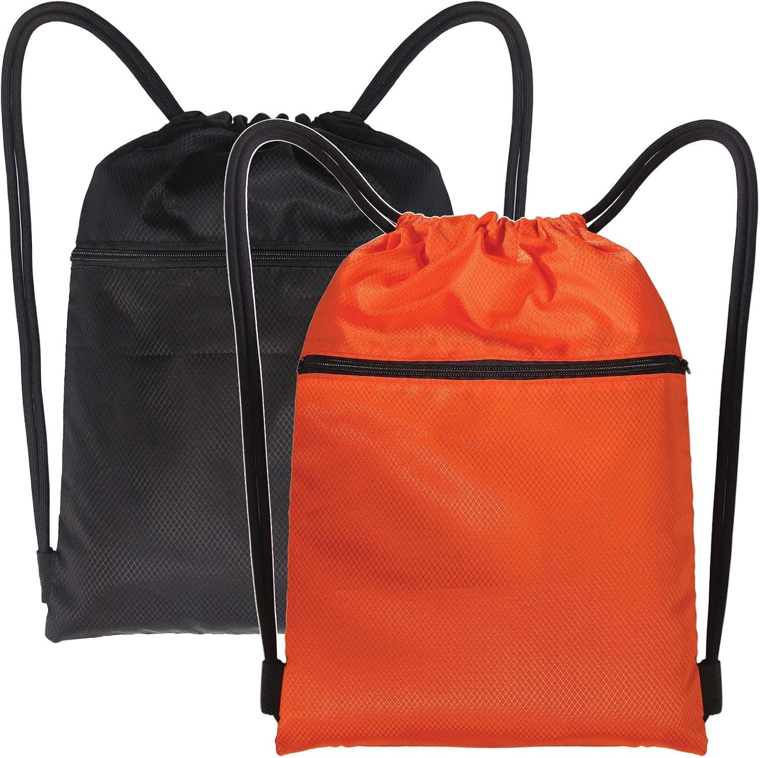 DIOMMELL Set of 2 Drawstring Strings Bags with Pockets Sports Athletic Travel Gym Cinch Sack Lightweight Backpack for Men and Women, Black and Orange