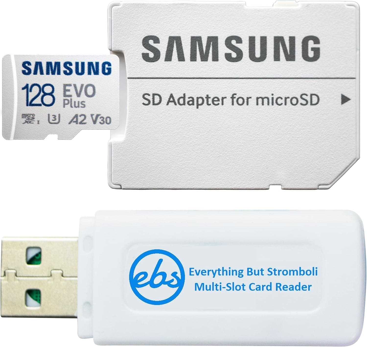 Samsung 128GB EVO Plus Class 10 Micro SDXC Works with Samsung Phones A02, A12, A02s, A32 Galaxy Series Class 10 (MB-MC128KA) Bundle with (1) Everything But Stromboli MicroSD & SD Memory Card Reader