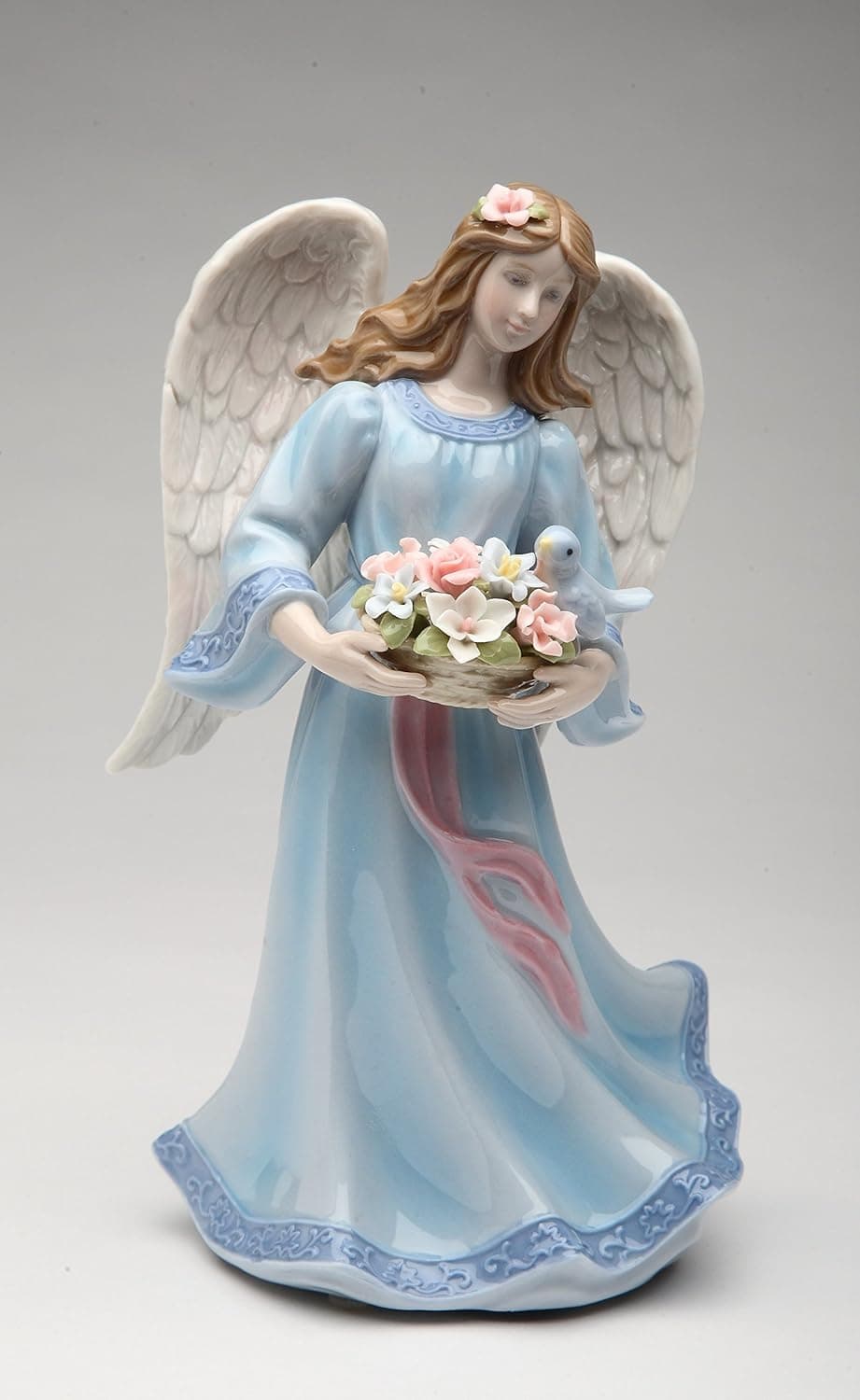 Cosmos Gifts 80112 Fine Porcelain Angel with Bluebird & Flowers Basket Musical Music Box Figurine (Music Tune: Morning Mood by Edvard Grieg), 8" H