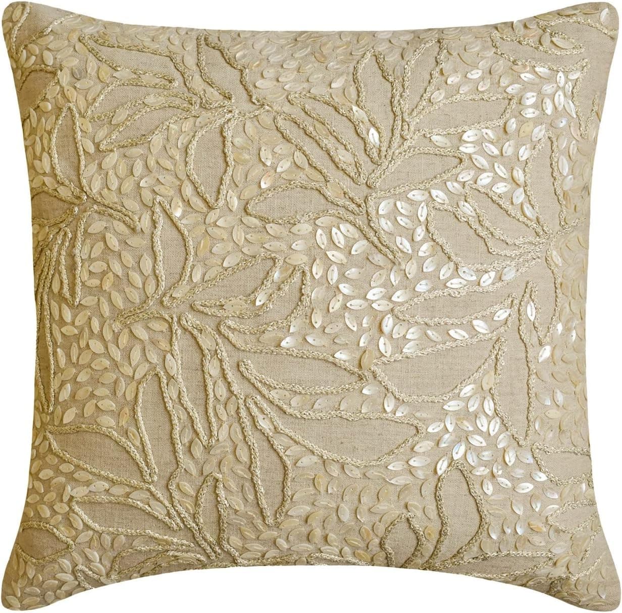 The HomeCentric Ecru Accent Pillow, Mother of Pearls Jute Leaf Tropical Theme Pillow Cover, 14x14 inch (35x35 cm) Pillow Cover Decorative, Square Cotton Linen Pillow Cover, Floral - Pearl Divine