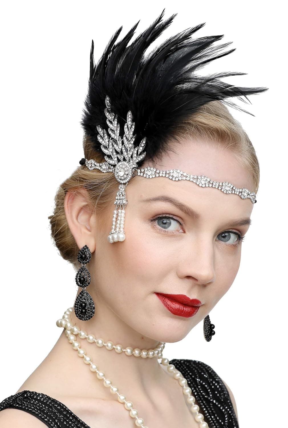 Cizoe Art Deco 1920s Flapper Great Gatsby Leaf Wedding Bridal Tiara Pearl Headpiece Headband with Feather (2-black)