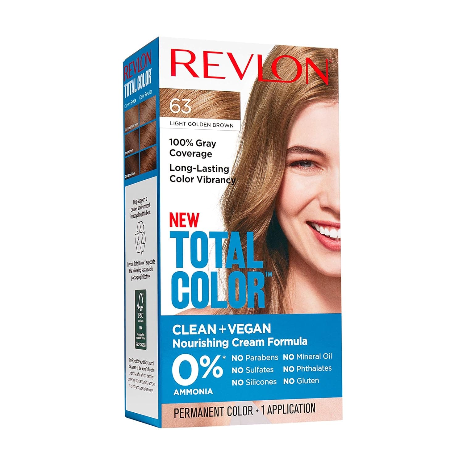 Permanent Hair Color by Revlon, Permanent Hair Dye, Total Color with 100% Gray Coverage, Clean & Vegan, 63 Light Golden Brown, 3.5 Oz