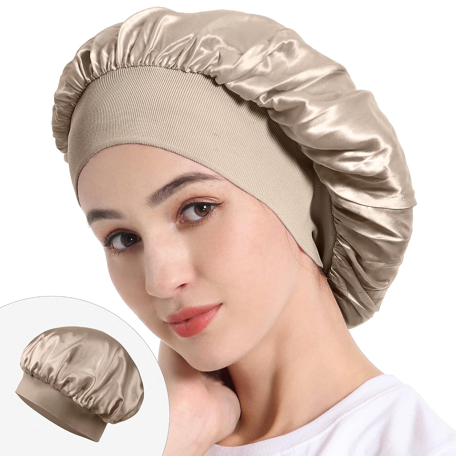 Mommesilk 100% Silk Sleeping Cap for Women Summer Cool Sleep Bonnet Beanie Caps for Curly Hair with Premium Elastic Band Light Coffee