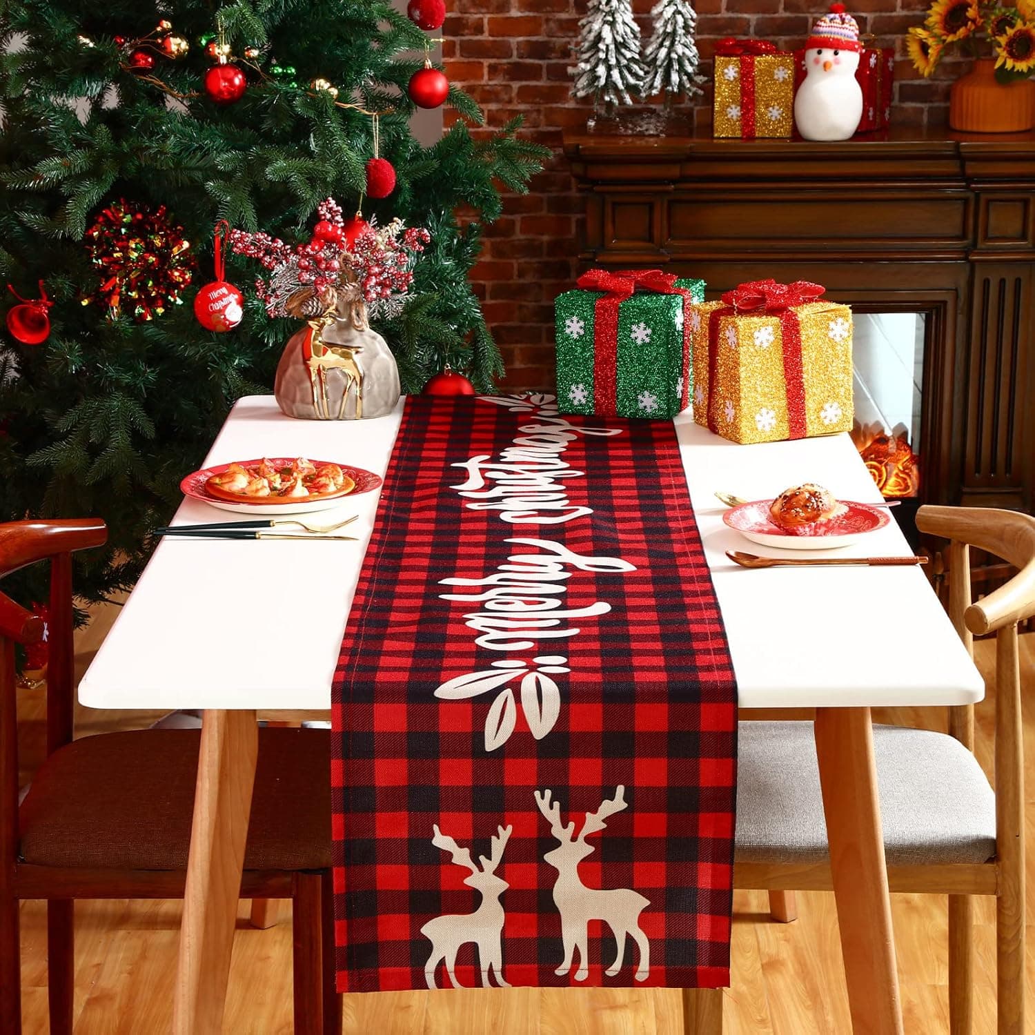 Christmas Table Runners 72 Inch Red and Black Buffalo Plaid Christmas Table Runners Burlap Holiday Table Runners Seasonal Winter Holiday Kitchen Dining Table Decoration for Xmas Party Gathering Decor