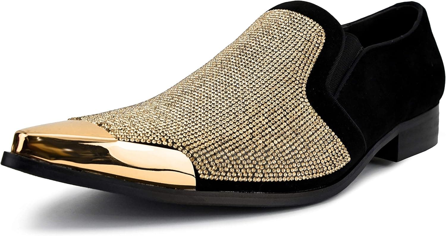 Bolano x Amali Dezzy - Men's Dress Shoes, Sparkling Loafers for Men - Rhinestones, Crystals, Metallic Tip Smoking Slippers - The Original, Designer Shoes - Size UP