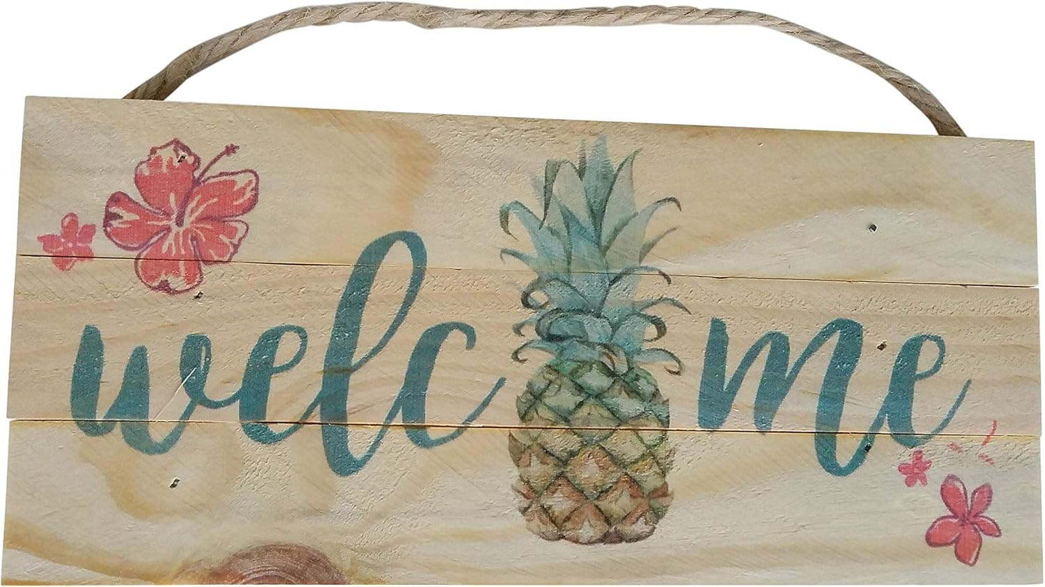 California Seashells Wood Hanging Welcome Sign with Pineapple Beach Decor, 10 x 4.5 Inches