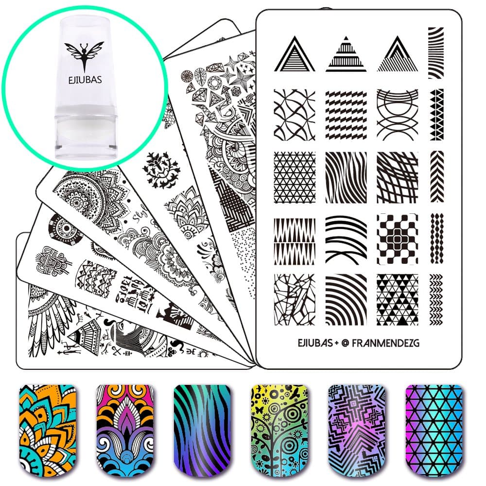 Ejiubas Nail Stamping Plates Set With Nail Stamper, 3Pcs Nail Stamp Kit + 1 Nail Art Stamper + Scraper Manicure Tools