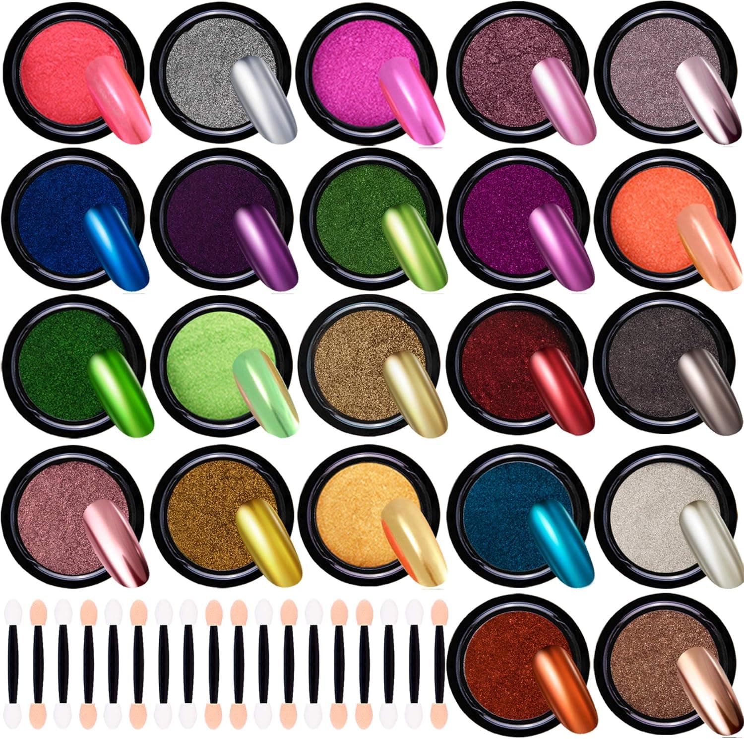 Duufin 22 Colors Nail Chrome Powder Metallic Nail Powder for Mirror Effect Nails Art Decoration with 22 Pcs Eyeshadow Sticks, 1g/Jar
