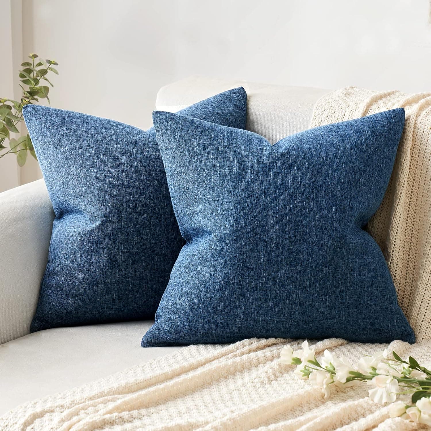 MIULEE Pack of 2 Decorative Linen Burlap Pillow Cover Square Solid Throw Cushion Case for Sofa Car Couch 18x18 Inch 45x45 cm Navy Blue