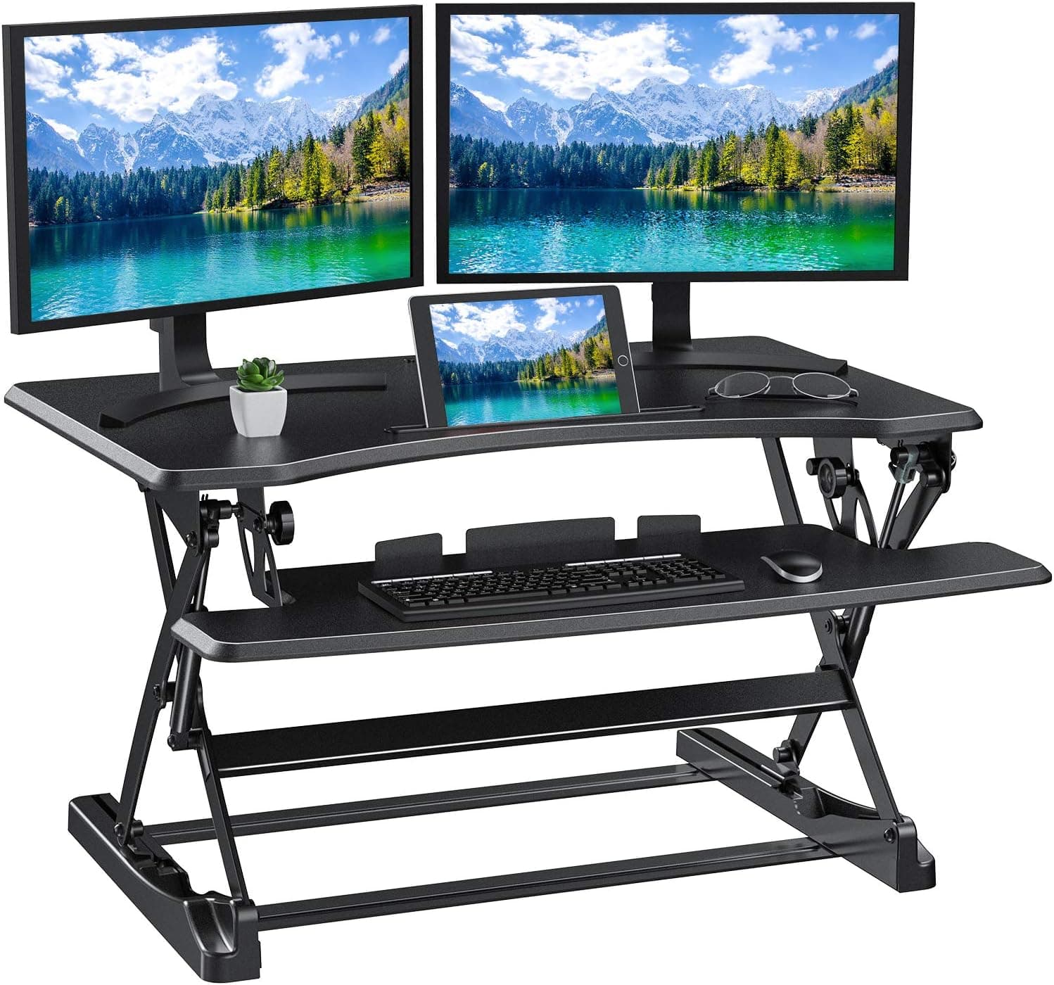 Standing Desk Converter Height Adjustable Sit to Stand Desktop Desk Gas Spring Riser, Perfect Home Office Workstation 35.4 inches for Dual Computer Monitors & Laptop by HUANUO