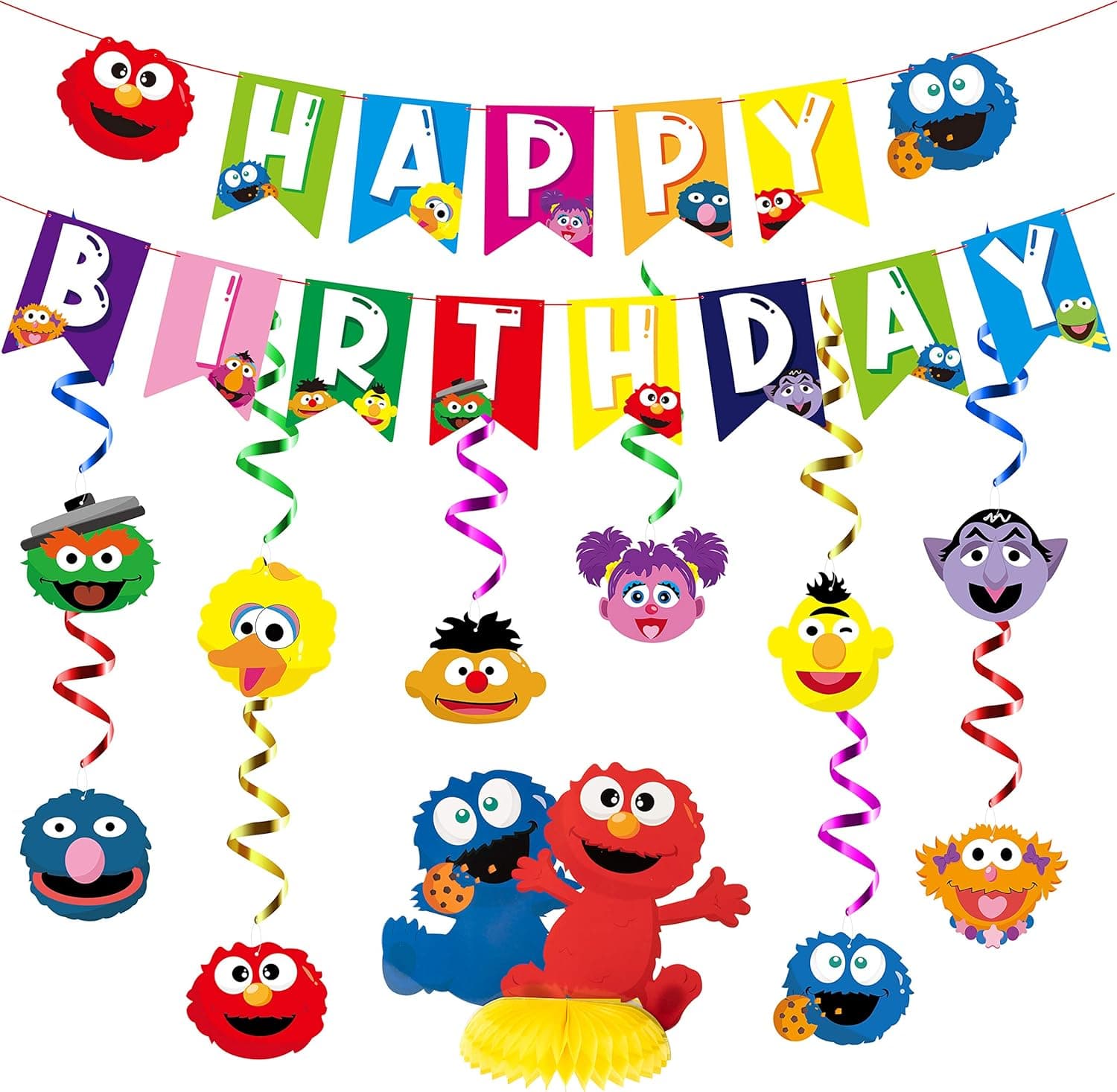 PANTIDE Sesame Birthday Party Decorations Kit - Sesame Happy Birthday Banner Bunting, Hanging Swirls Streamers, Elmo Monster Honeycomb Centerpiece Table Topper, Elmo Party Supplies for Kids