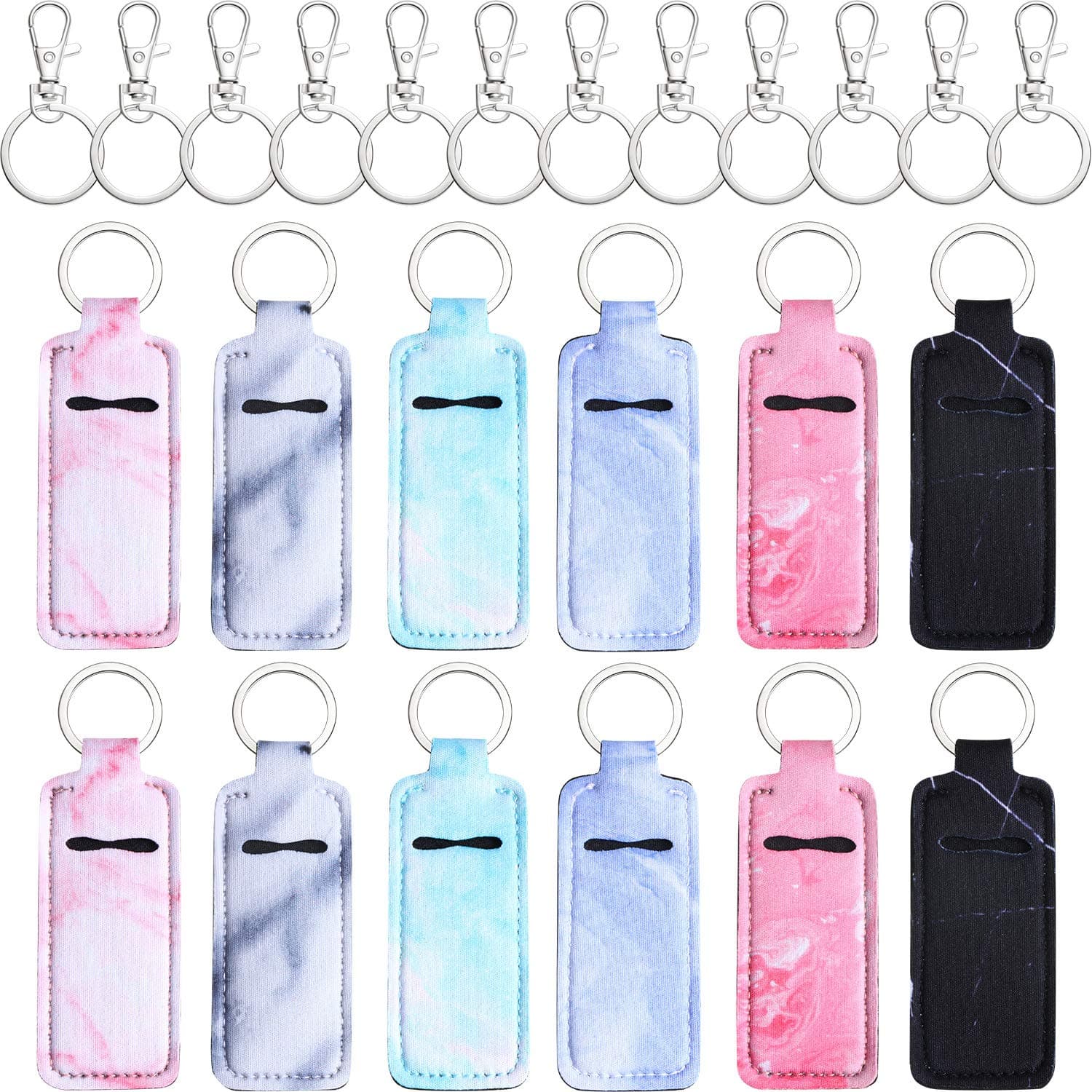12 Pieces Clip-on Chapstick Holder Keychain Marble Neoprene Lipstick Holder Lip Balm Sleeve Holder and 12 Pieces Key Ring with Clasp for Women Girls
