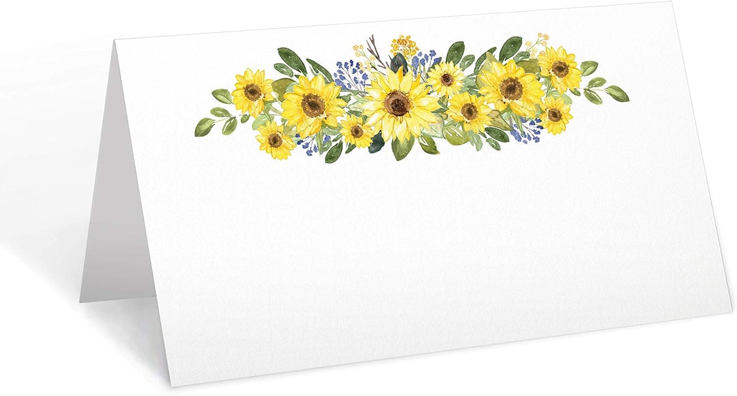 321Done Sunflower Place Cards (Set of 50) Blank Small 3.5" x 2" for Name Food Table Setting Dinner Party Seating Wedding Reception Buffet Tent Style Rustic Floral on White - Made in USA