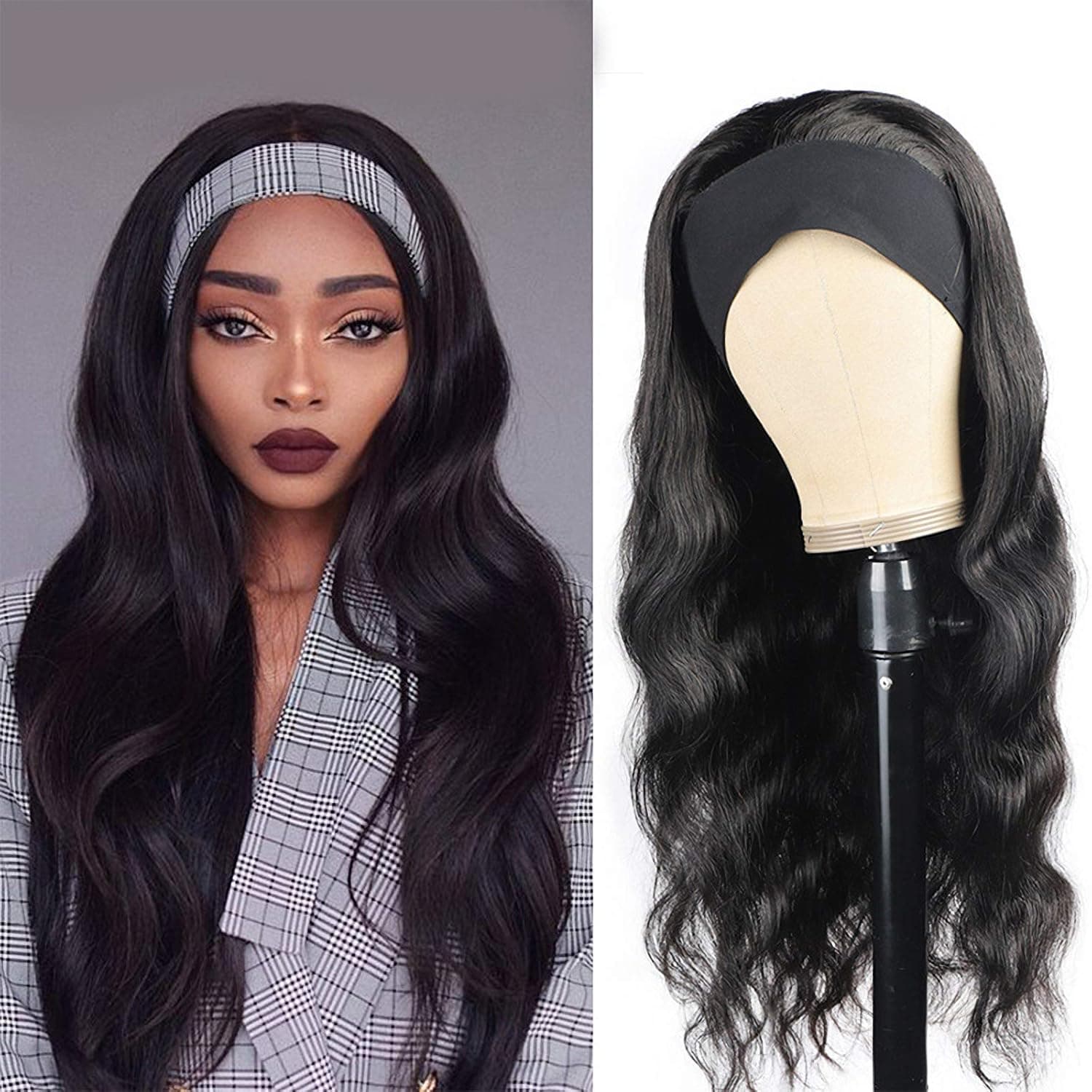 morvally Headband Wig Synthetic Long Black Body Wave Wigs for Black Women Natural Looking 180% Density Glueless Heat Resistant Wigs with Headbands (22 Ineches)