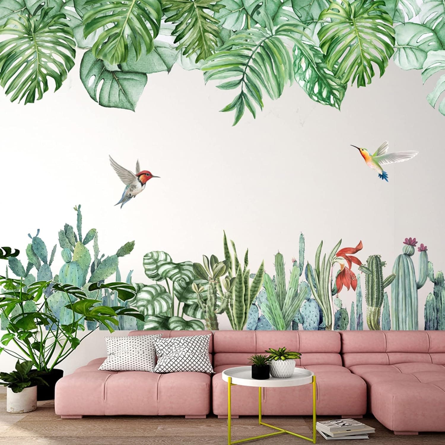 Tropical Plant Hummingbirds Cactus Wall Stickers, SHUONIVS Green Palm Tree Leaves Birds Wall Decal Decor, Removable DIY Art Murals Wallpaper for Bedroom Nursery Offices Home Decoration