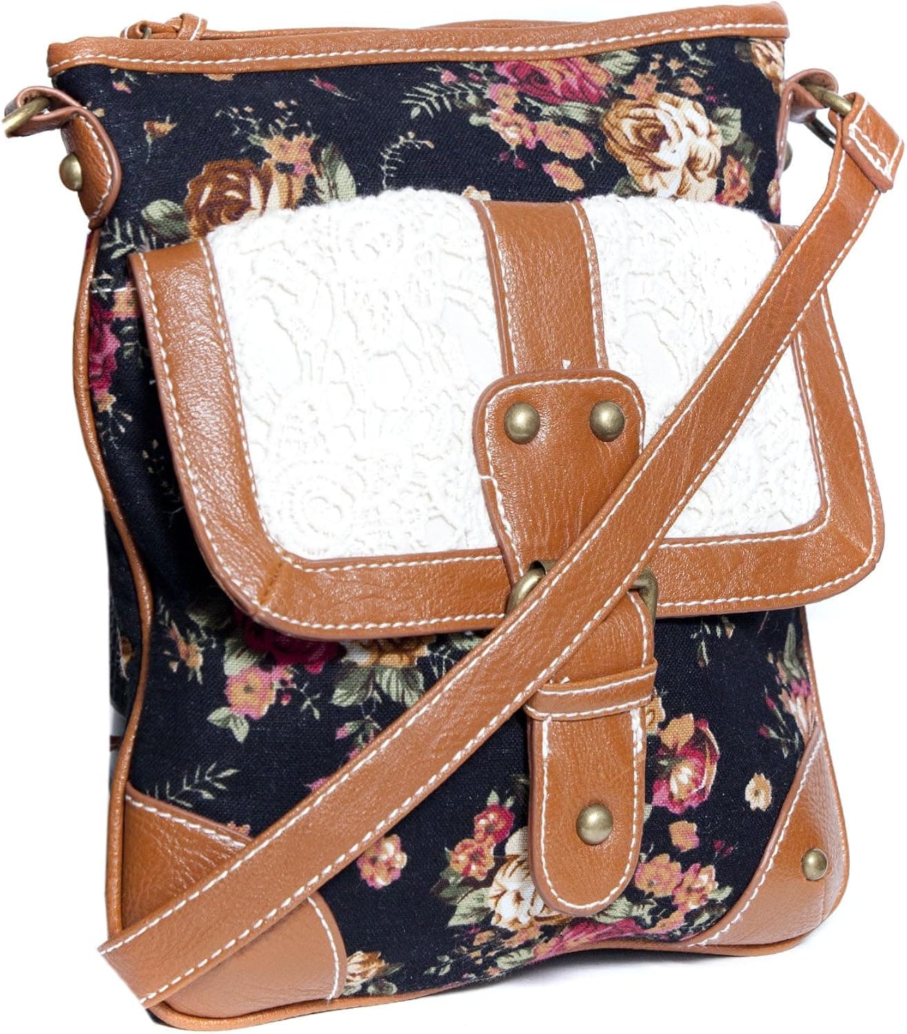 Vintage Floral Roses & Lace, Fabric Crossbody Messenger Purse w/Front Pocket & Long Strap
