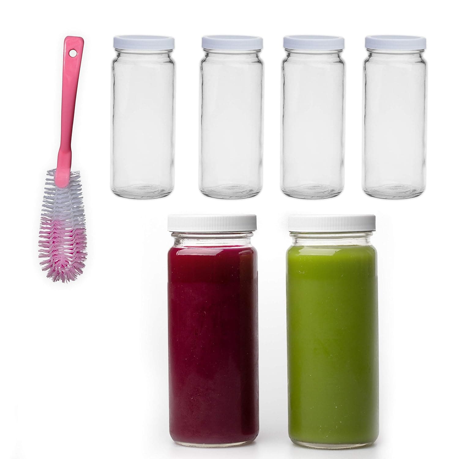 16 OZ Glass Bottles with Caps, 4 Juice Bottles Smoothie Cup Containers Plastic White Lids Includes a Brush