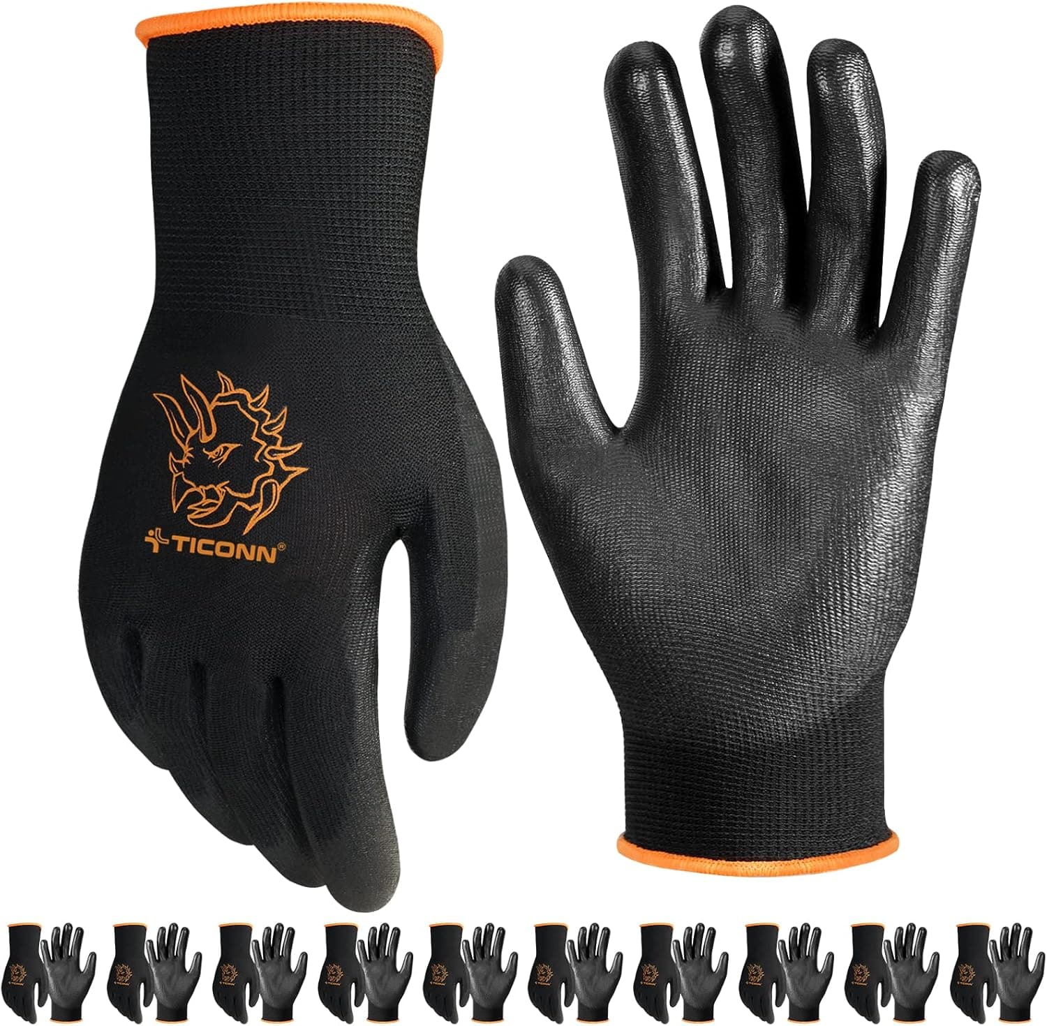 TICONN Work Gloves with Grip for Men and Women, All Purpose 3D Stretch Fit Slip Resistant PU Coated Grip Gloves