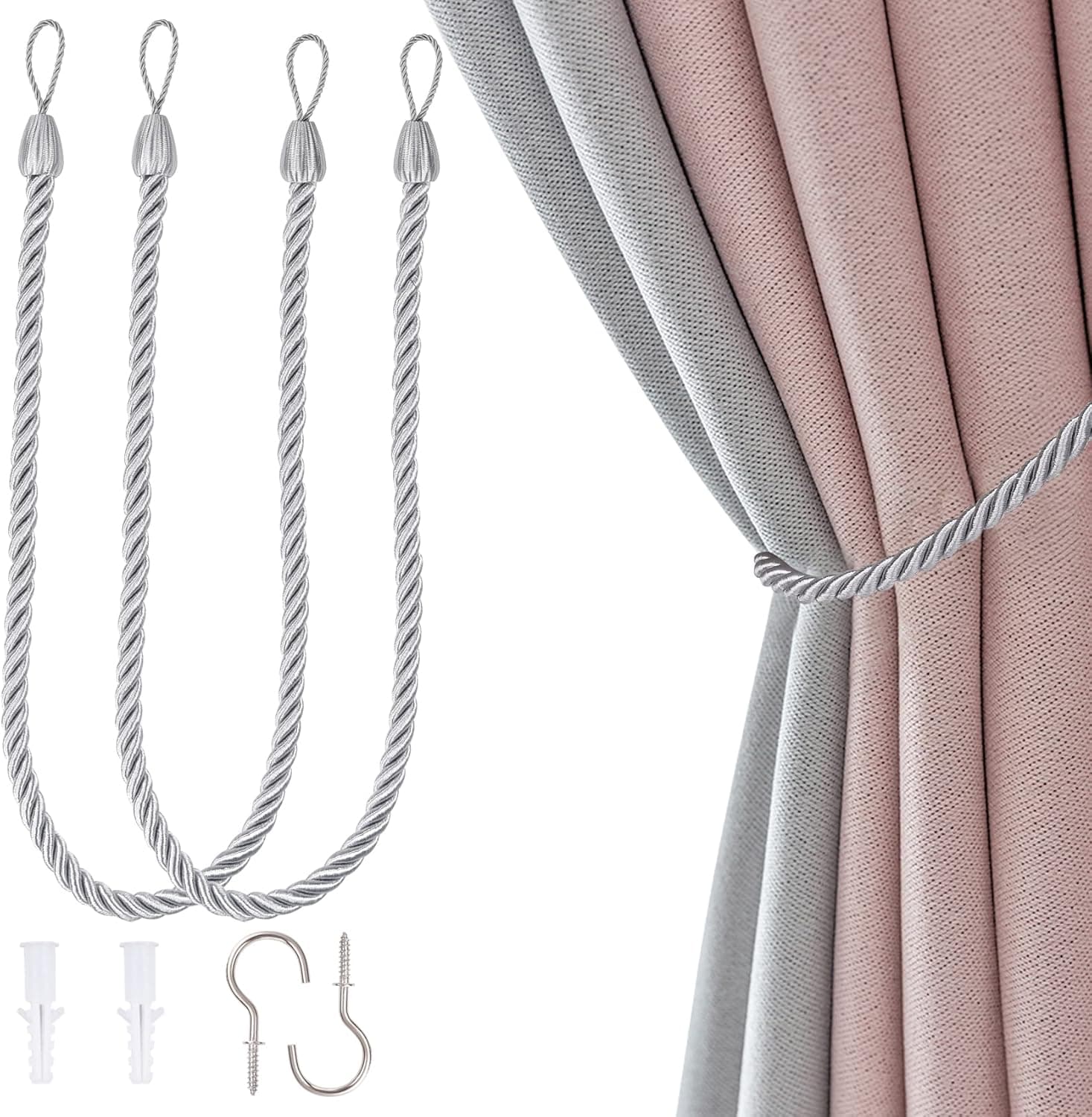 NANAOUS Curtain Tie Backs, Curtain Handmade Holdbacks, 2Pcs Curtain Ropes Tiebacks with 2 Metal Screw Hooks (Grey)