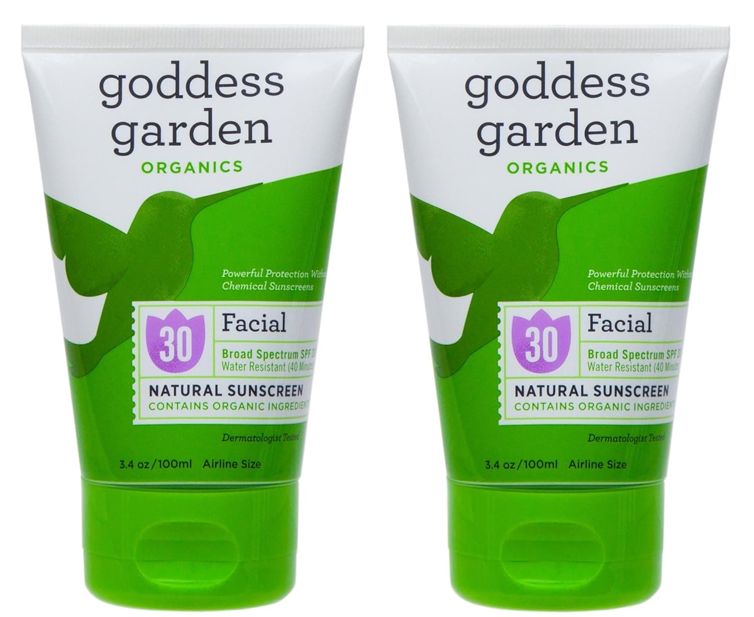 Goddess Garden Facial Natural SPF30 Sunscreen (Pack of 2) with Aloe Vera, Shea Butter, Safflower Seed Oil, Lavender Oil, Immortelle Oil and Vitamin E, 3.4 oz