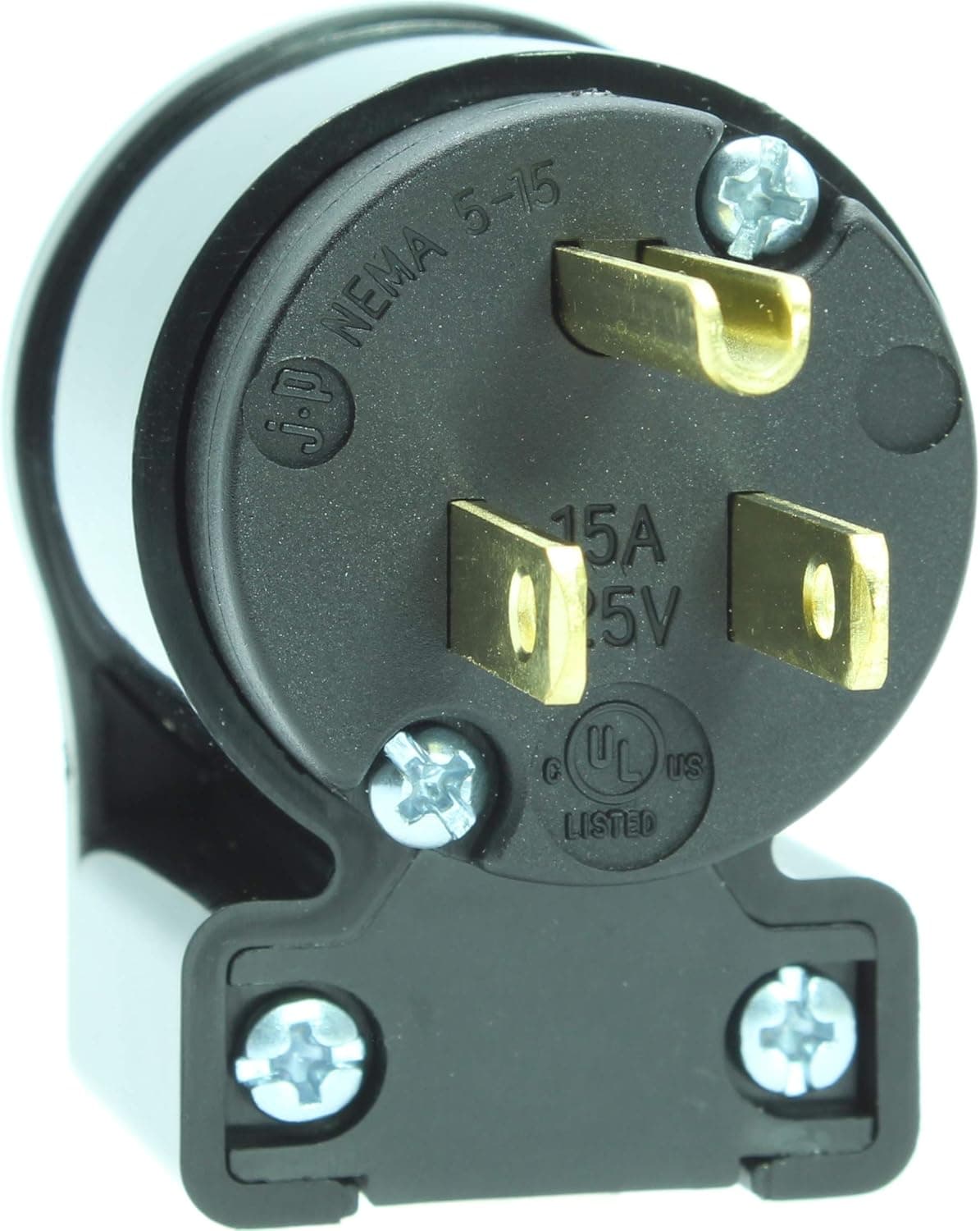 Journeyman-Pro 515AN 15 Amp 120-125 Volt, NEMA 5-15P, 2Pole 3Wire, Straight Blade, 90 Degree Right Angle Male Plug Replacement Cord Connector Outlet, Commercial Grade PVC (Black 1-Pack)