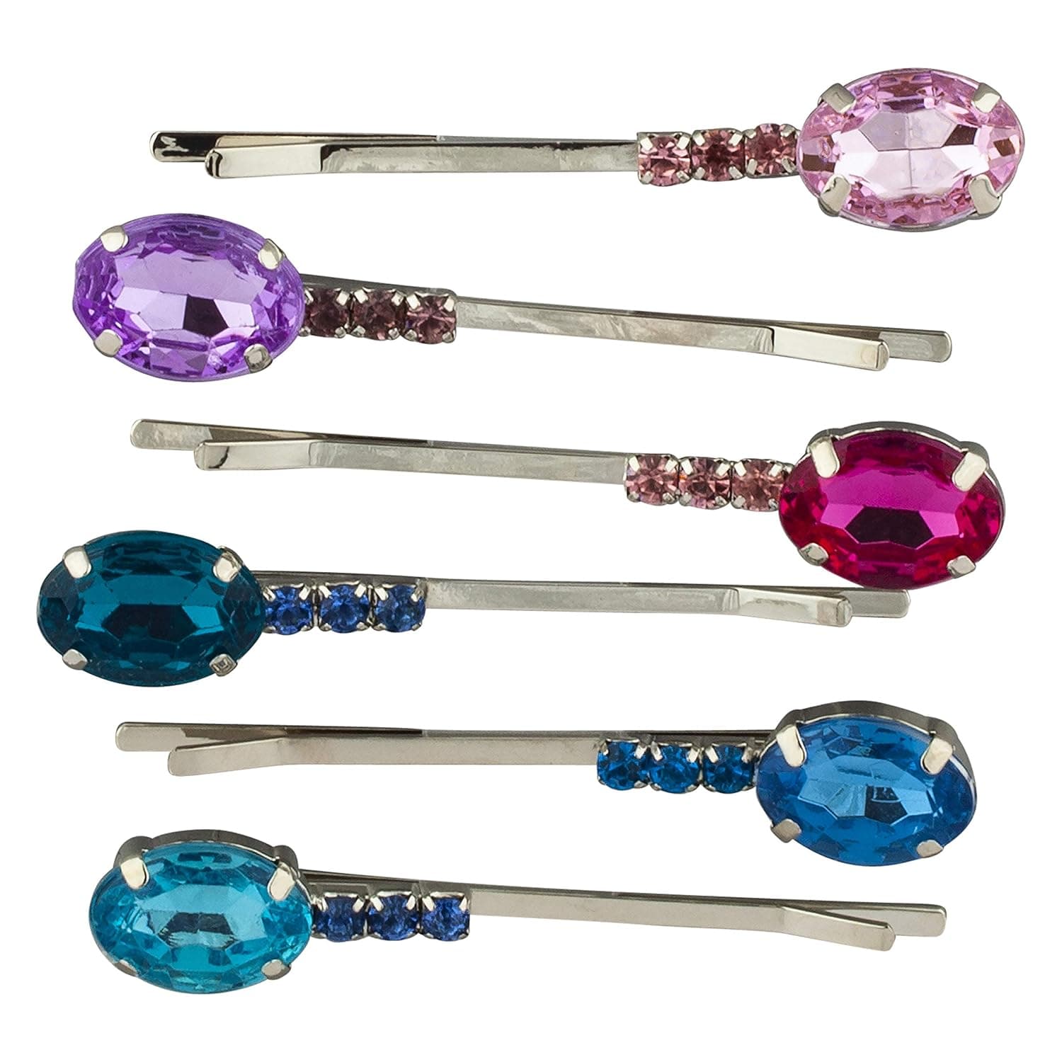 Lux Accessories Purple Fuscia Pink Royal Blue Light Blue Oblong Rhinestones Set of 6 Black Hair Pins