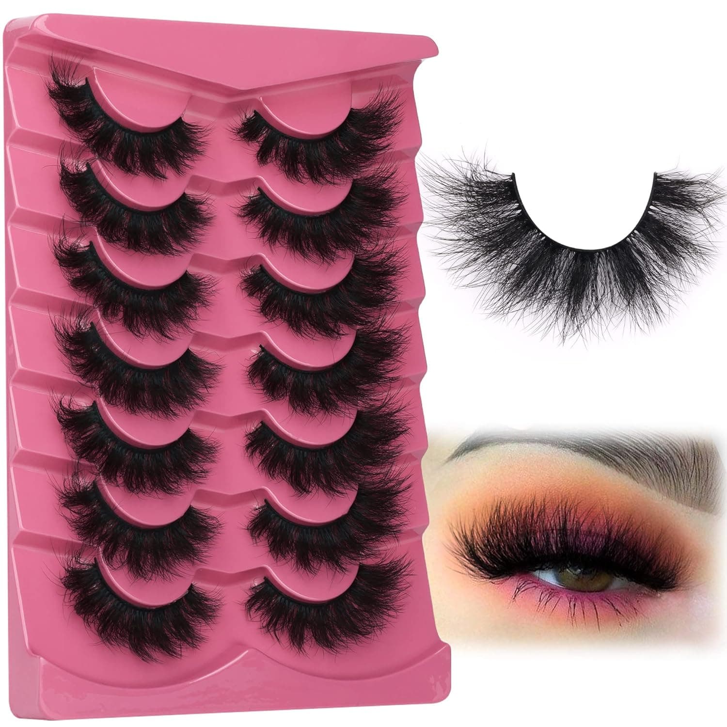 Mink Lashes Fluffy 8D Eyelashes Wispy Eye Lashes Cat-Eye Long Thick 18mm Dramatic FANXITON False Eyelashes 7 Pairs Pack Volume Faux Mink Lashes Multipack