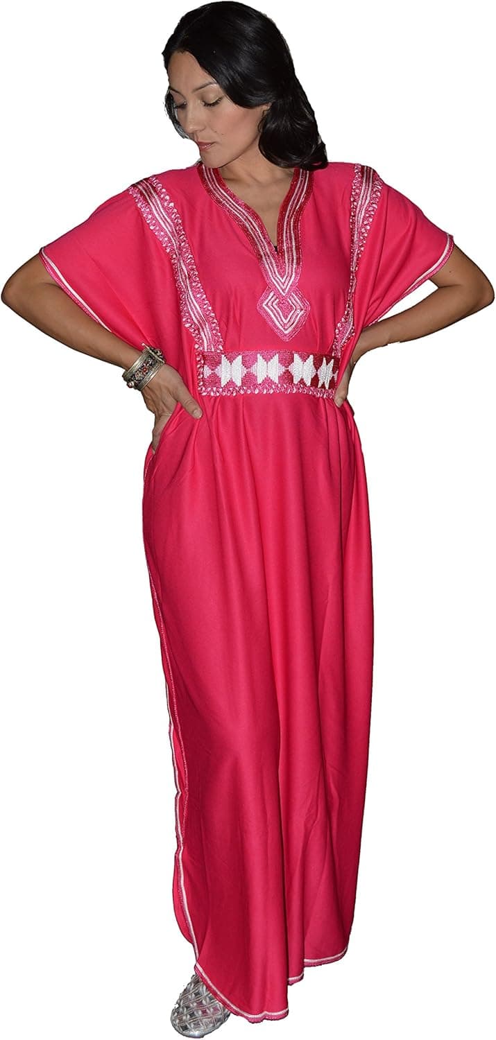 Moroccan Caftans Women Breathable Handmade Butterfly Style Embroidery Ethnic Design Magenta