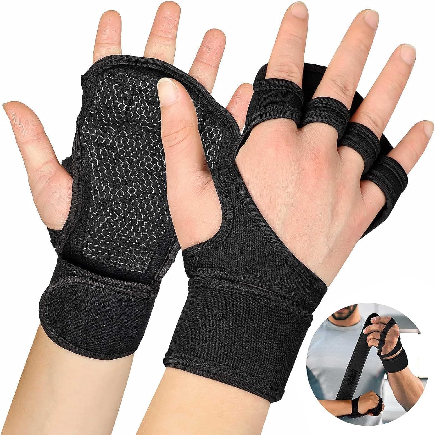 Sports Ventilated Workout Gloves with Integrated Wrist Wraps for Weight Lifting, Powerlifting, Pull Ups, Cross Training