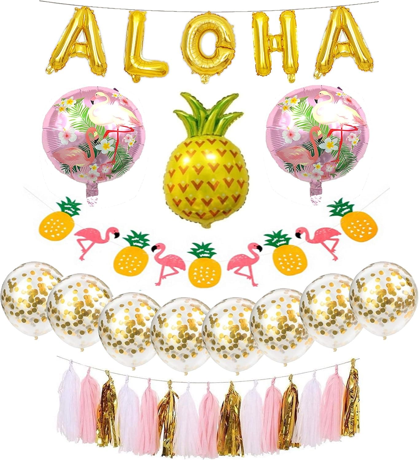 Hawaiian Party Decorations Pack for Beach Party - Aloha Party Decorations Banner, Gold Confetti Balloons (40)
