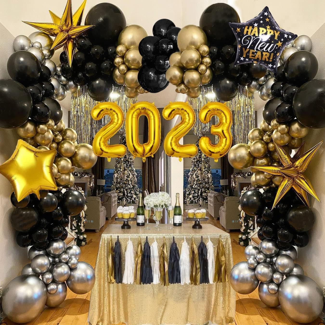 2023 New Year Balloon Garland Arches Kit, New Years Eve Decorations 2023 Happy New Year Balloon Black Gold Balloon with Tinsel Foil Curtains New Year Party Supplies