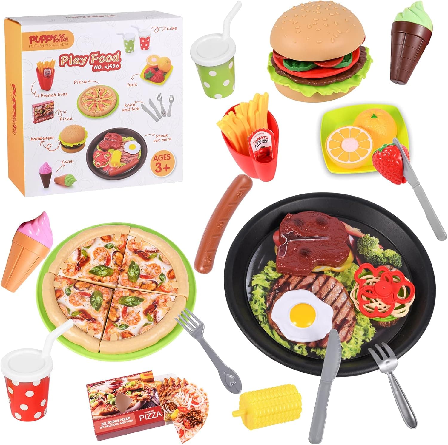 Puppyoyo Play Food Toys for Kids, 3in1 Fast Food Toys, Hamburger Fries Set Meal, Pizza Set Meal, Steak Set Meal, Cut Toy Food Fruits, Gift for Ages 3+ Toddler Girls Boys