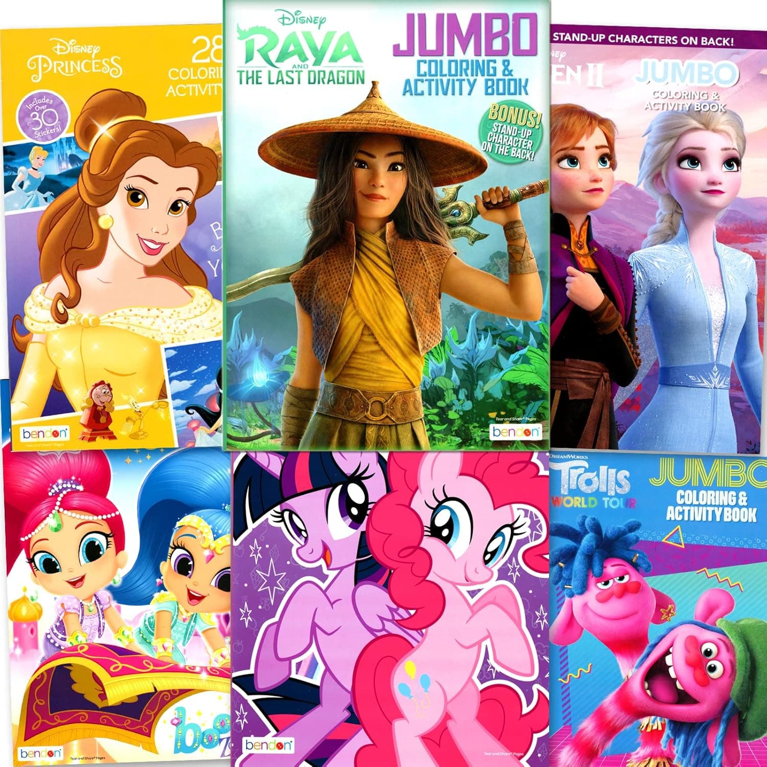 Disney Junior Coloring Books Bulk Assortment for Girls Kids, Bundle Includes 6 Activity Books with Stickers - Featuring Princess, Frozen, My Little Pony and Raya and The Last Dragon