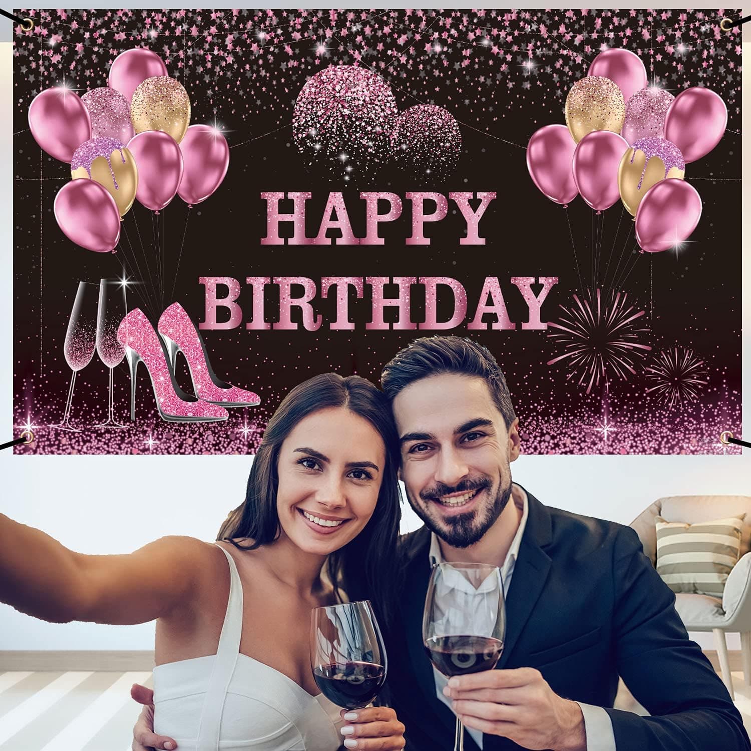 Happy Birthday Backdrop Banner for Women Girls Adults Happy Birthday Banner Yard Sign Background Decorations Balloons Party Supplies Party Photo Booth Backdrop Size 6*3.6ft (Rose Gold)
