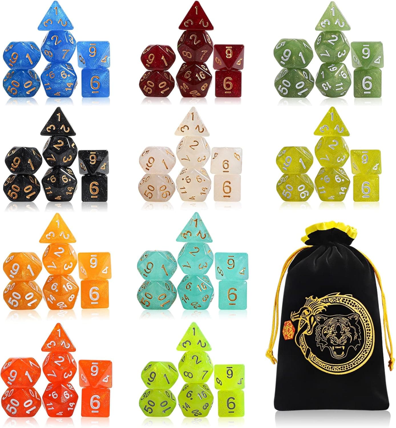 CiaraQ DND dice Set 10x7 Polyhedral Dice (70 pcs) for Dungeons and Dragons RPG MTG Role Playing Table Games with 1 Drawstring Bag