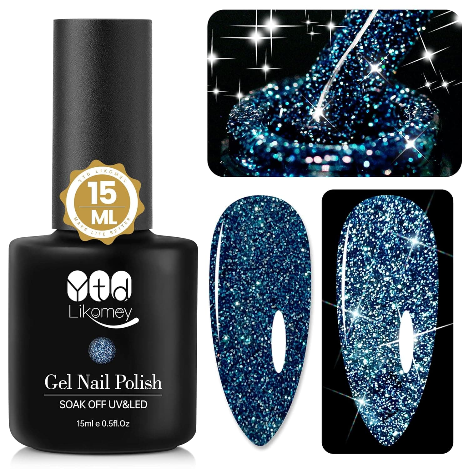 YTD Likomey Reflective Glitter Gel Nail Polish,15ml Deep Blue Flash Diamond Disco DJ Shimmer Nail Gel,Sparkly Shiny Soak Off UV Gel Polish Varnish,Salon Home DIY Manicure