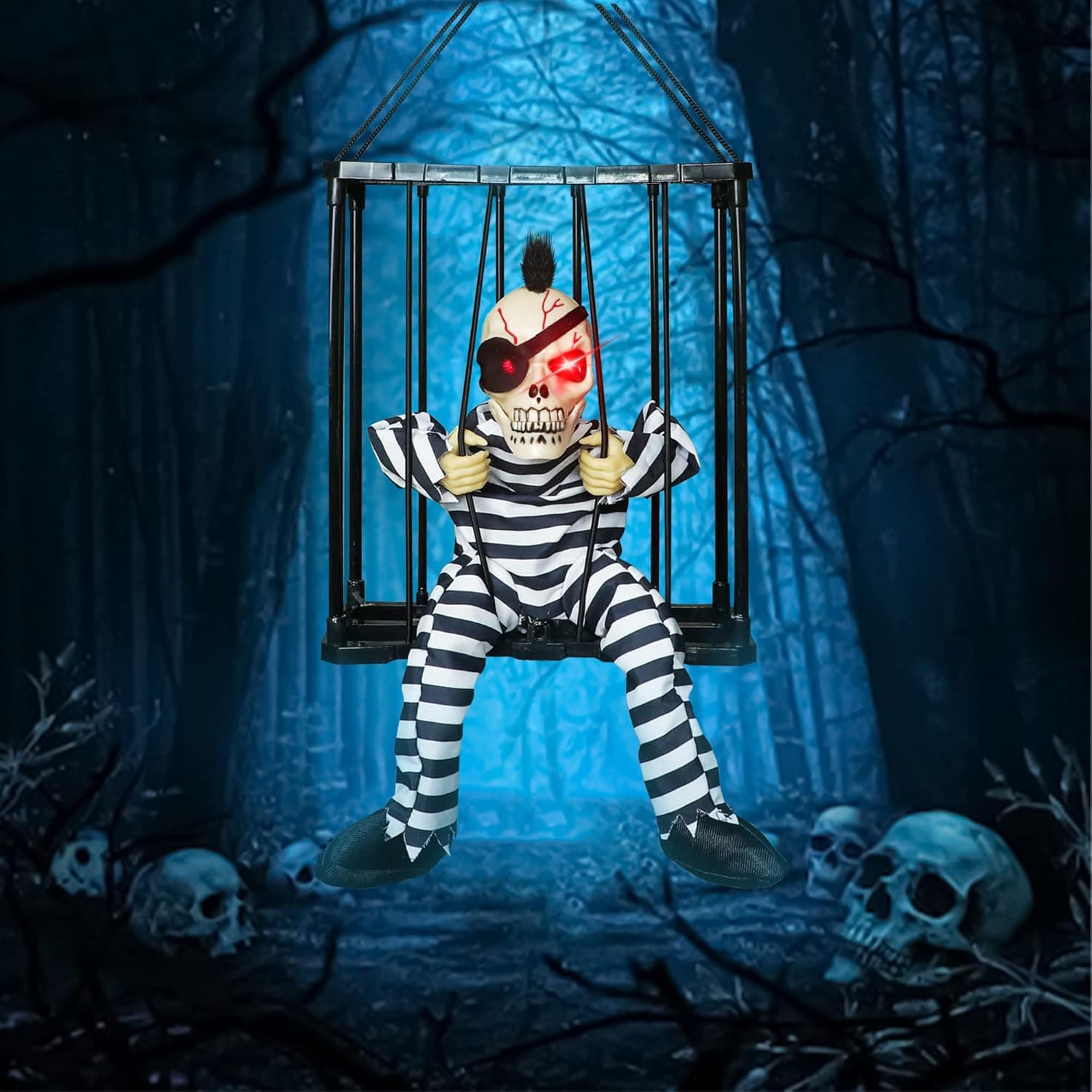 M&G House Halloween Animatronics Scary Toys Motion Sensor Hanging Skeleton Toy Prisoner Caged Jail Animated Terror Haunted House Decoration Halloween Props Funny Toy(Hair)
