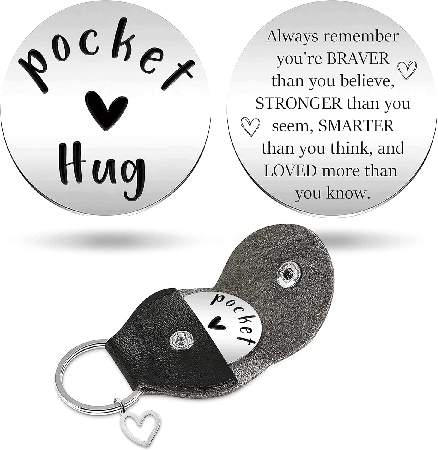 Always Remember You are Braver Than You Believe - Pocket Hug Token with Leather Keychain, Stainless Steel Double Sided Coin Long Distance Relationship Keepsake Gift