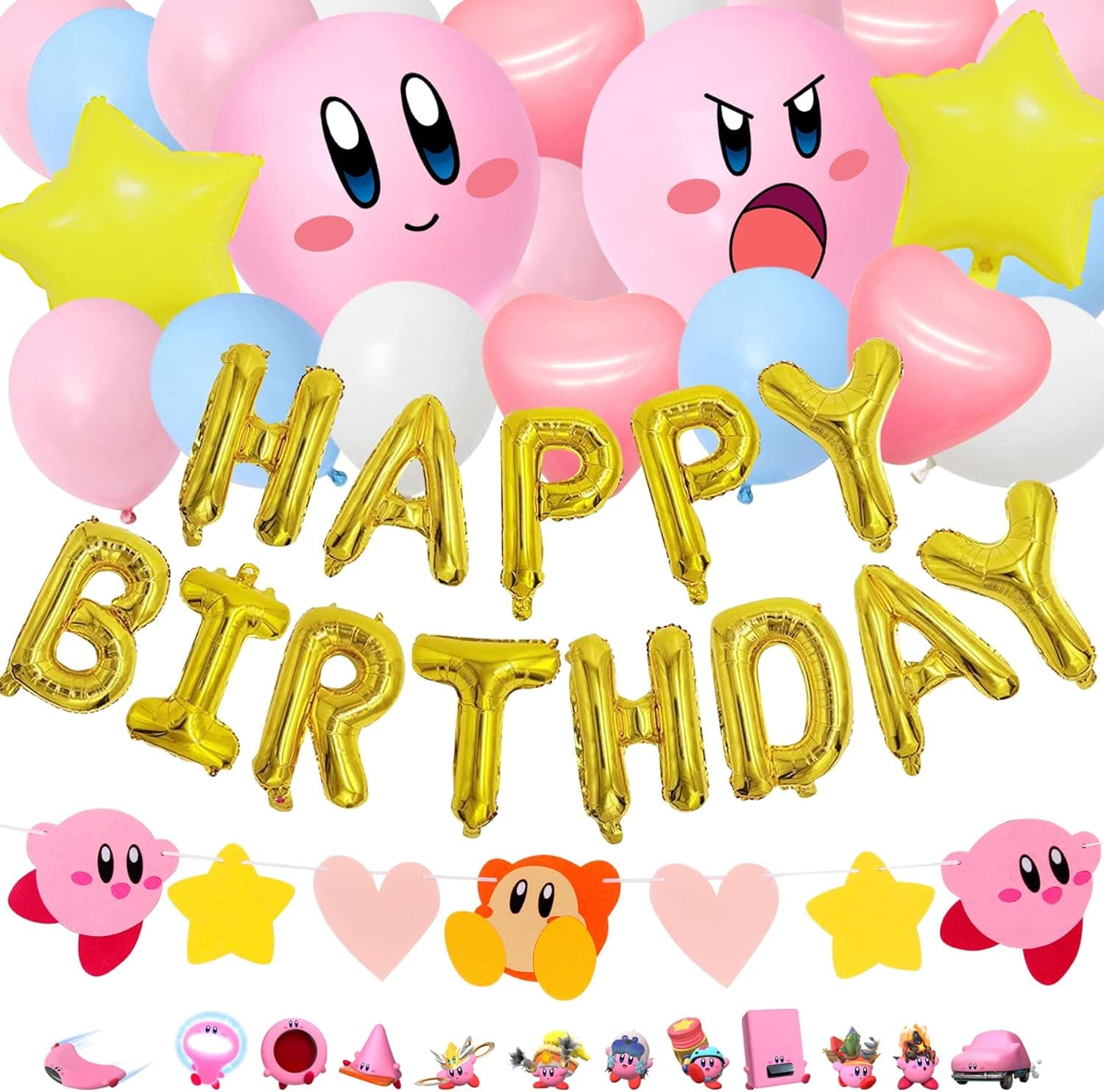 HOMEZZO Kirby-star Theme Birthday Party Supplies, Birthday Party Decoration Balloons Set, Happy Birthday Banner, 24Pcs Star Stickers