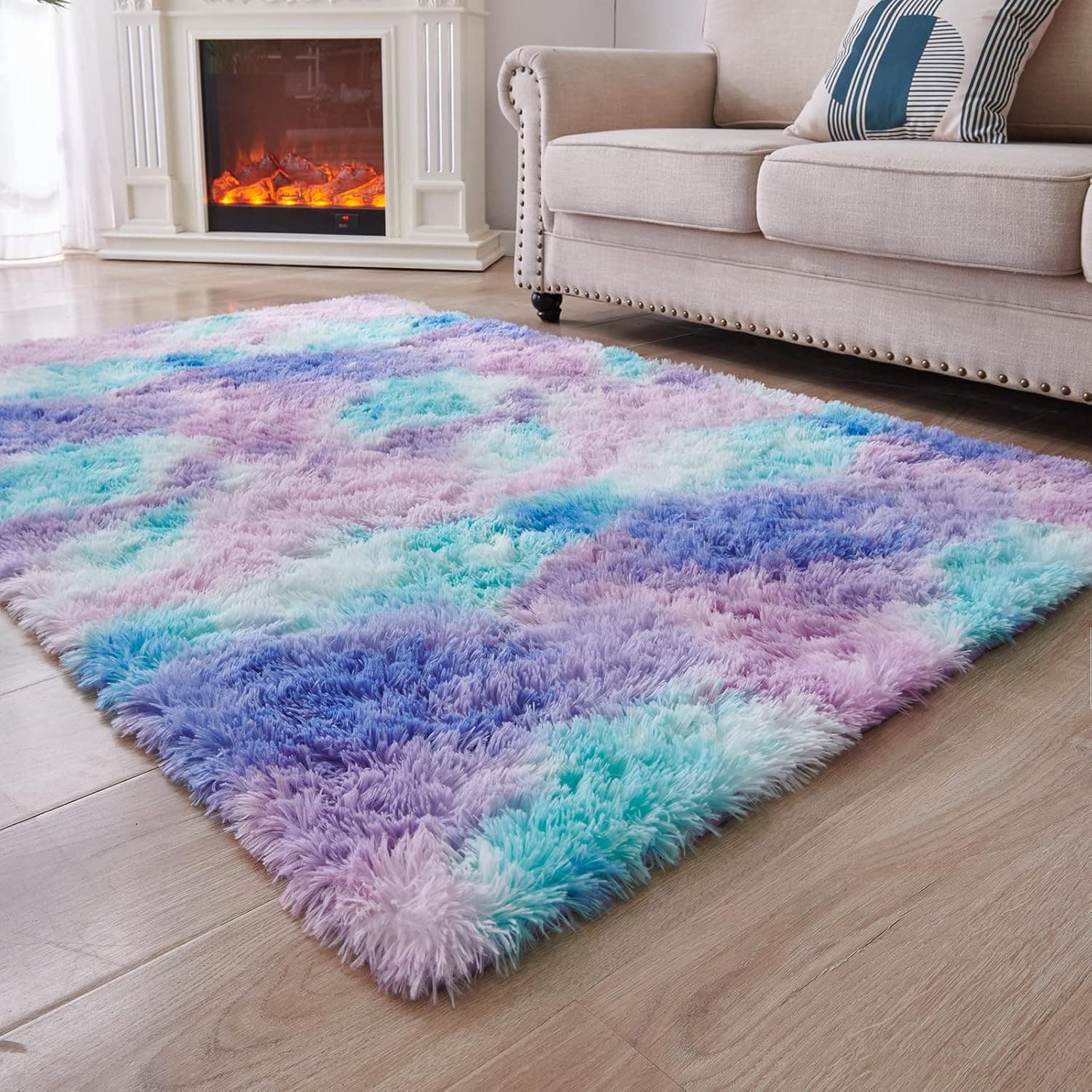 ANVARUG Fluffy Rugs for Living Room, 5’x8’ Area Rug, Luxurious Shag Carpet Rugs for Bedroom, Anti-Skid Shaggy Rectangular Area Rug, Tie-Dyed Light Purple