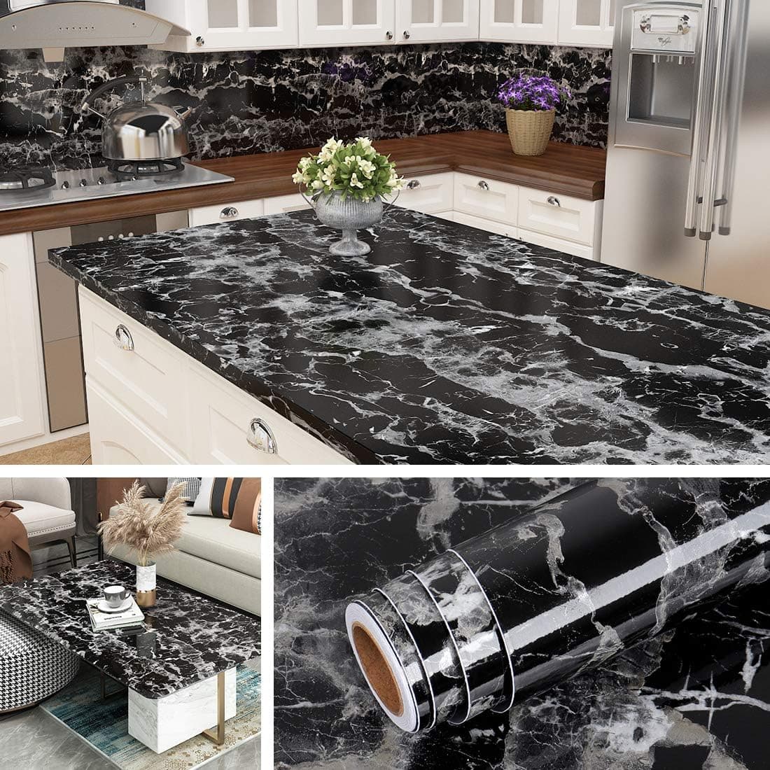 Livelynine 15.8 x 197 Inch Kitchen Countertop Contact Paper Black Silver Marble Wallpaper for Cabinets Marble Black Vinyl Stick on Countertops for Kitchen Counter Top Adhesive Shelf Decorative