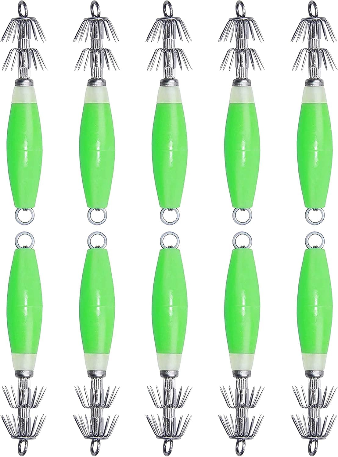 Luminous Squid Hook Jig Lures Saltwater, 10pcs Fluorescent Squid Lure with Multineedles Cuttlefish Sleeve Fishing Baits Octopus Squid Jigs Glow in Dark