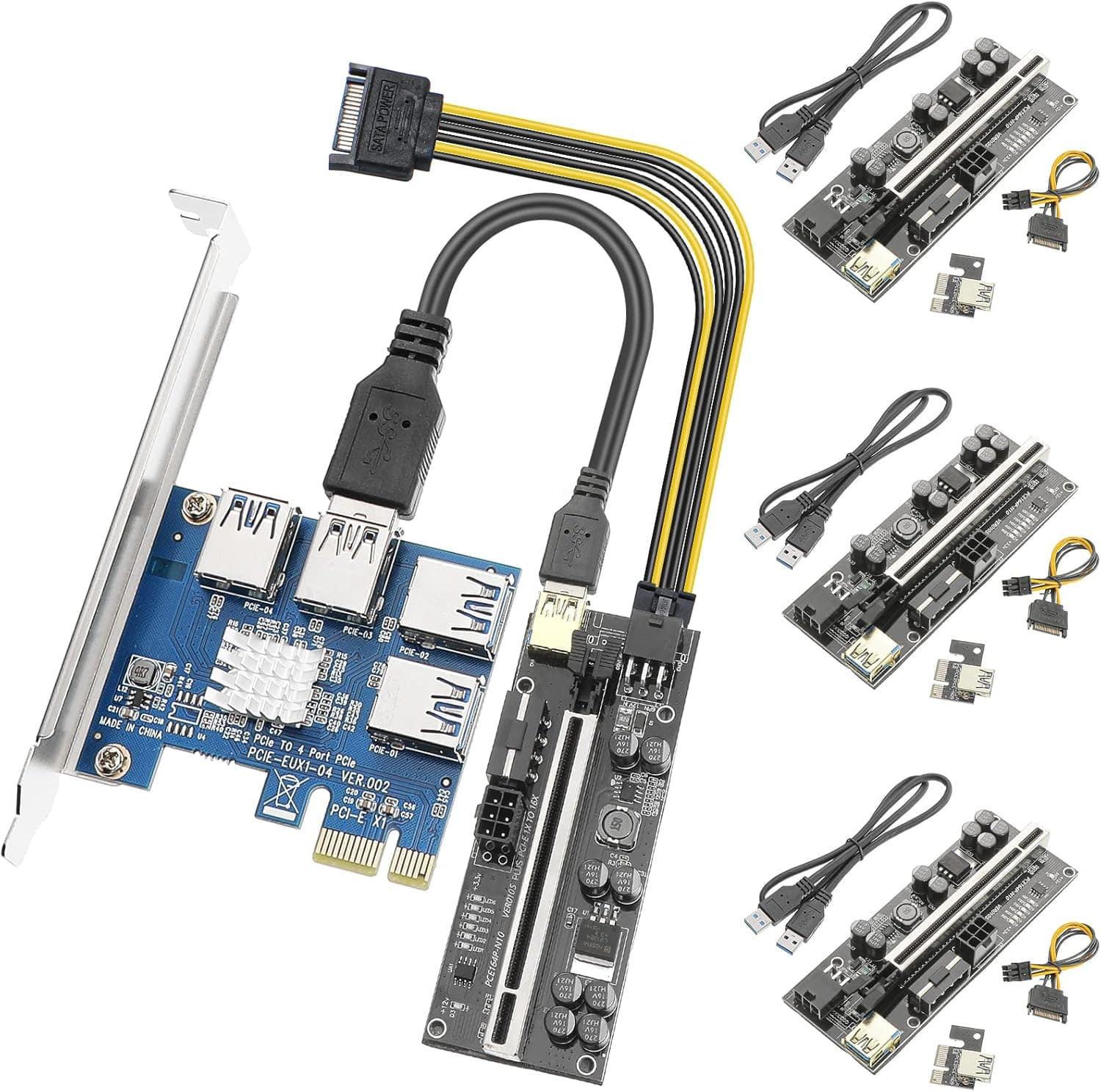 Flutesan Pcie 1 to 4 Riser Card with Pcie Riser Express Cable 1x to 16x Ver010s Pcie 1 to 4 Pci Riser Card Gpu Risers with Led Graphics Extension, 24 Inches USB 3.0 Cable, 5 Pack