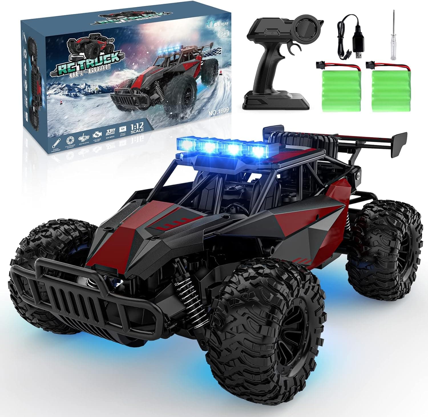 BLUEJAY Remote Control Car - 2.4GHz High Speed 33KM/H RC Cars Toys, 1:12 RC Monster Trucks Offroad Hobby RC Truck Toys with LED Headlight and Rechargeable Battery Gift for Adults Boys 8-12 Kids