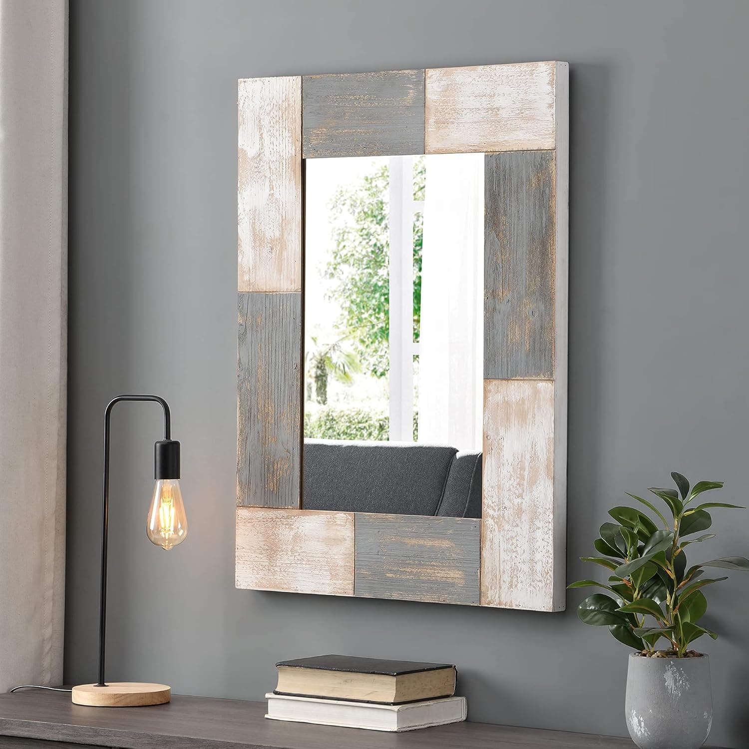 FirsTime & Co. Mason Planks Wall Mirror, 31.5"H x 24"W, Aged White & Gray Wood