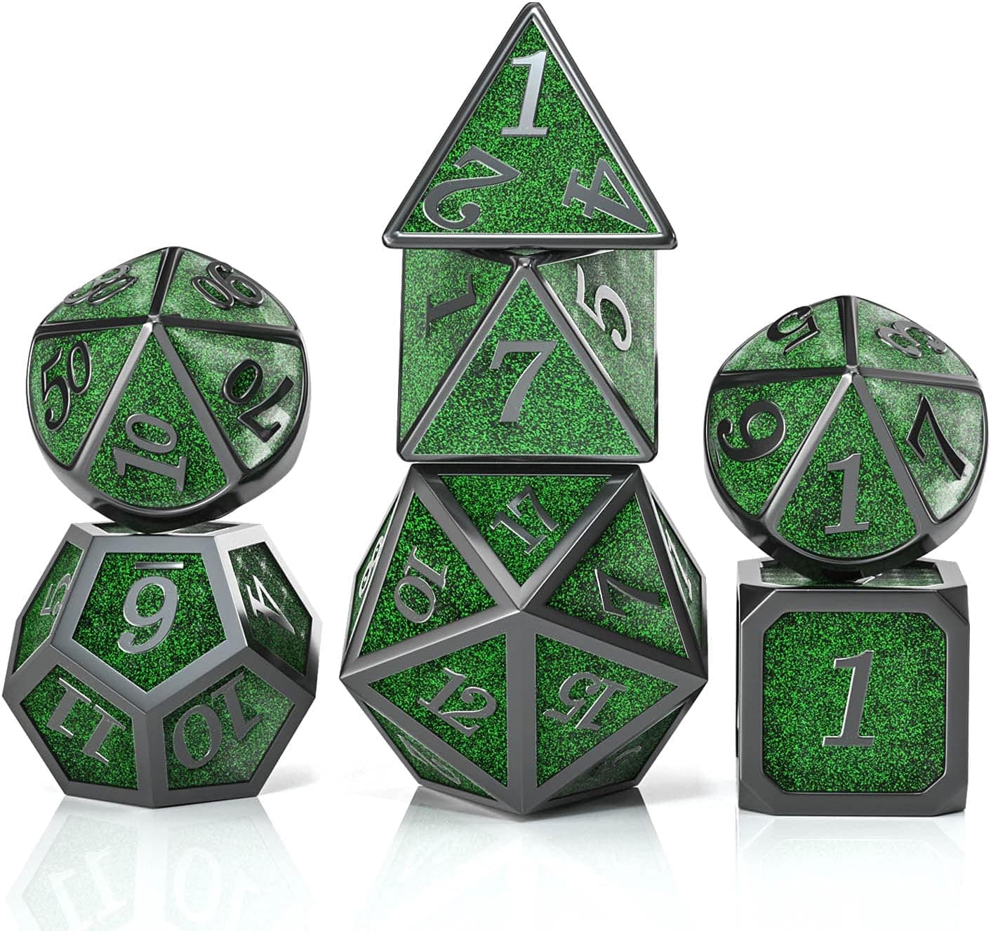ACEFLY Dungeons & Dragons Role Playing Metal Dice Set,D&D RPG 7PCS Cool Gemstone Dice Set with Gift Metal Case,Creative Gift.(Black Shining Green)
