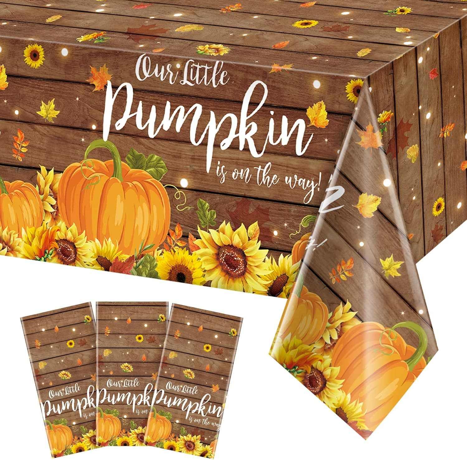 3Pcs Pumpkin Rustic Wood Baby Shower Tablecloths,Plastic Our Little Pumpkin Boy Girl is on The Way Baby is Brewing Theme Table Cover Runner for Thanksgiving Baby Shower Party Supplies,54×108 inches