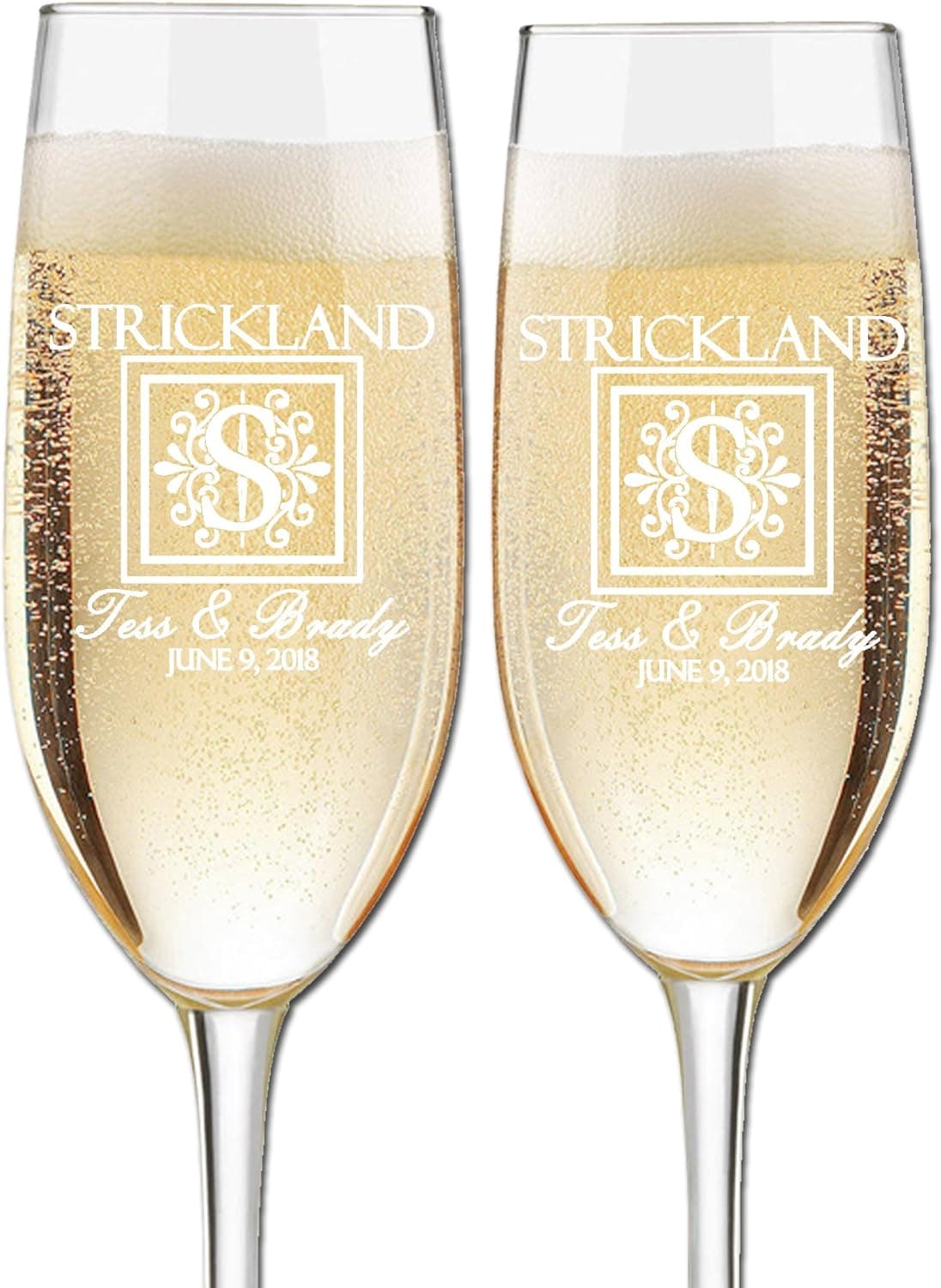 Custom Wedding Champagne Flutes- Set of 2 –Fancy Monogram Initial with First and Last Names and Wedding Date – Personalized for Bride and Groom - Customized Engraved Wedding Gift